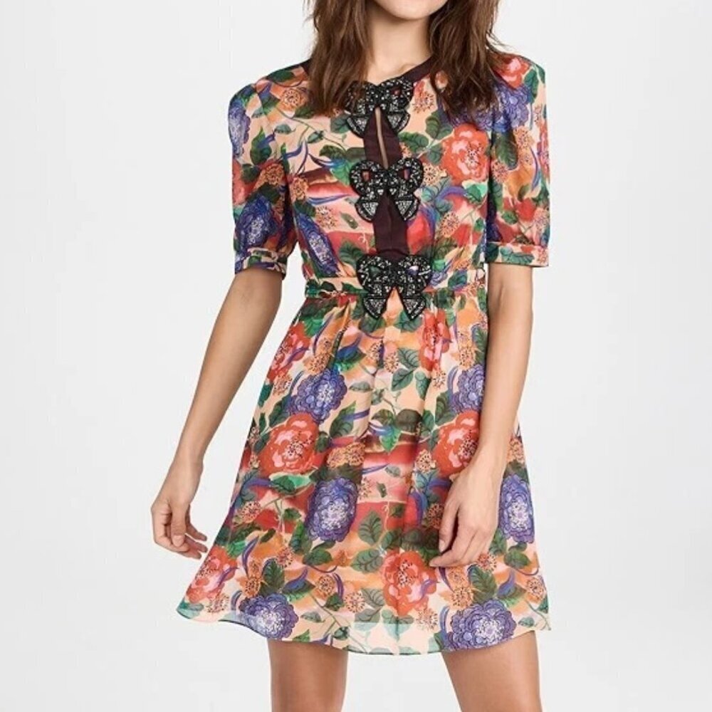 Saloni Jamie Short Dress 100% Silk Floral Beaded Bow Size 0 / XS